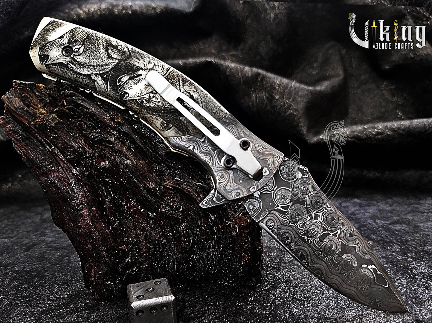 Hand-Forged Damascus Steel Rain Drop & Bone Handle Folding Knife