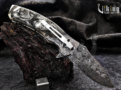 Hand-Forged Damascus Steel Rain Drop & Bone Handle Folding Knife