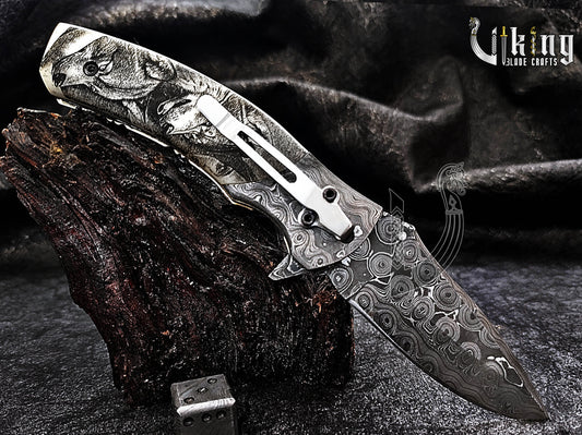 Hand-Forged Damascus Steel Rain Drop & Bone Handle Folding Knife
