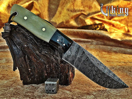 Damascus Steel Hunting Knife With Stained Bone & Buffalo Horn Handle