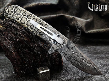 Damascus Steel Folding Pocket Knife With Damascus Clip and Bone Handle