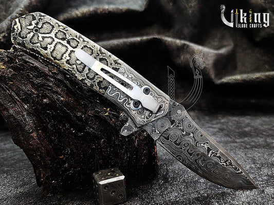 Damascus Steel Folding Pocket Knife With Damascus Clip and Bone Handle