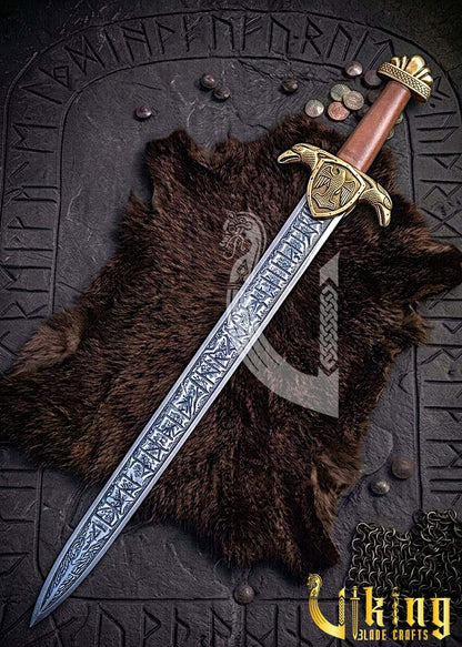 Handmade Etched Blade Viking Raven Sword Replica Hugin Munin Edition