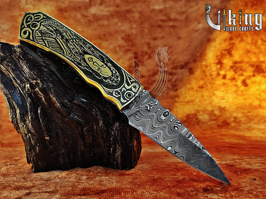 Hand-forged Damascus steel Pocket Folding knife with Queen Lagertha carving handle