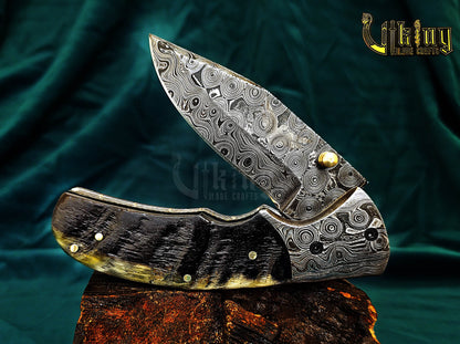 Custom Hand-Forged Handmade Damascus Folding Knife | Raindrop Pattern | Ram Horn Handle
