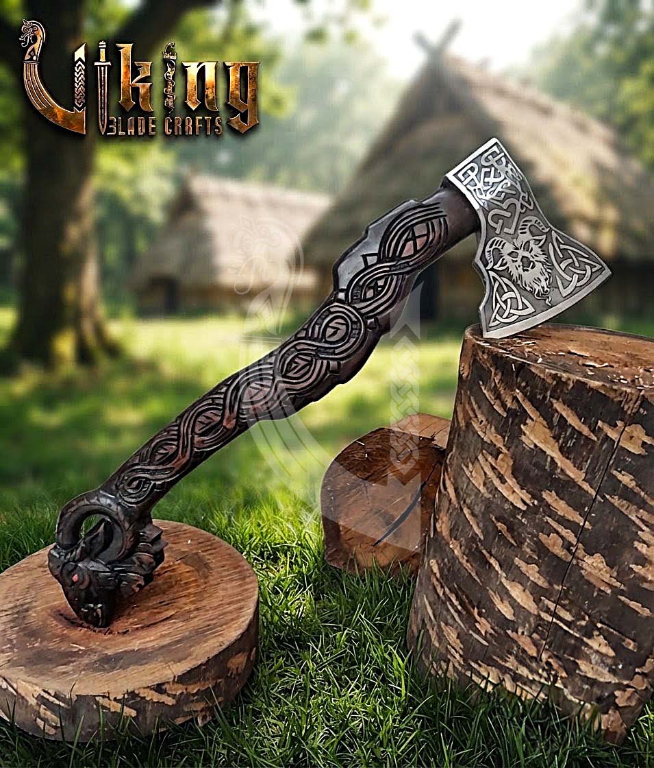 Viking Goat Axe | Hand Carved Geit Handle | Forged Steel