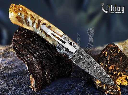 Handmade Damascus Steel Premium Folding Knife with Ram Horn Handle