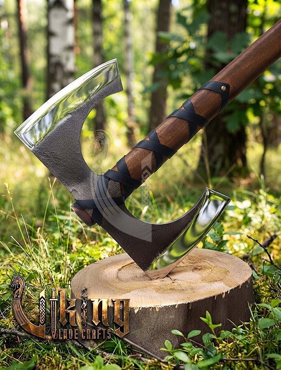 30" Double Bit Viking Battle Axe - Hand Forged Carbon Steel & Leather