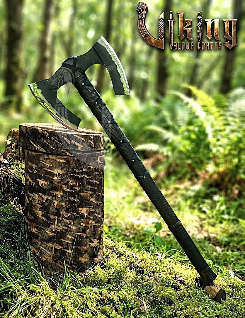 36" Double Bit Viking Axe - Hand Forged Carbon Steel & Leather Cover