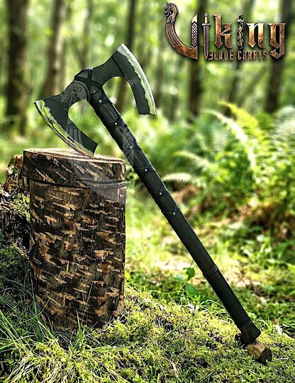 36" Double Bit Viking Axe - Hand Forged Carbon Steel & Leather Cover
