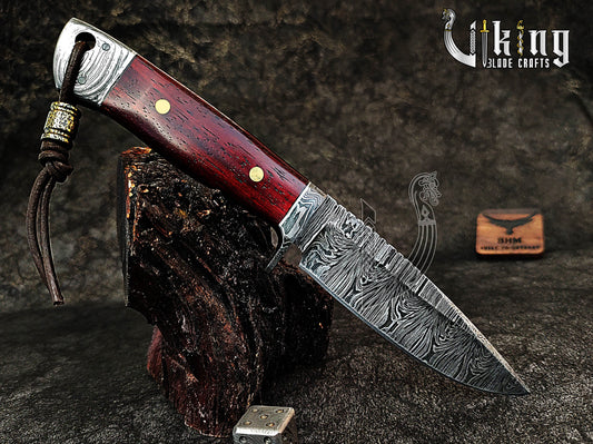 Damascus Steel Fixed Blade Bloodwood & Guard With Leather Sheath