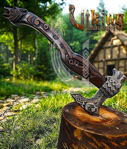 Fenrir Norse Axe | Hand Carved Wolf Handle | Forged Steel