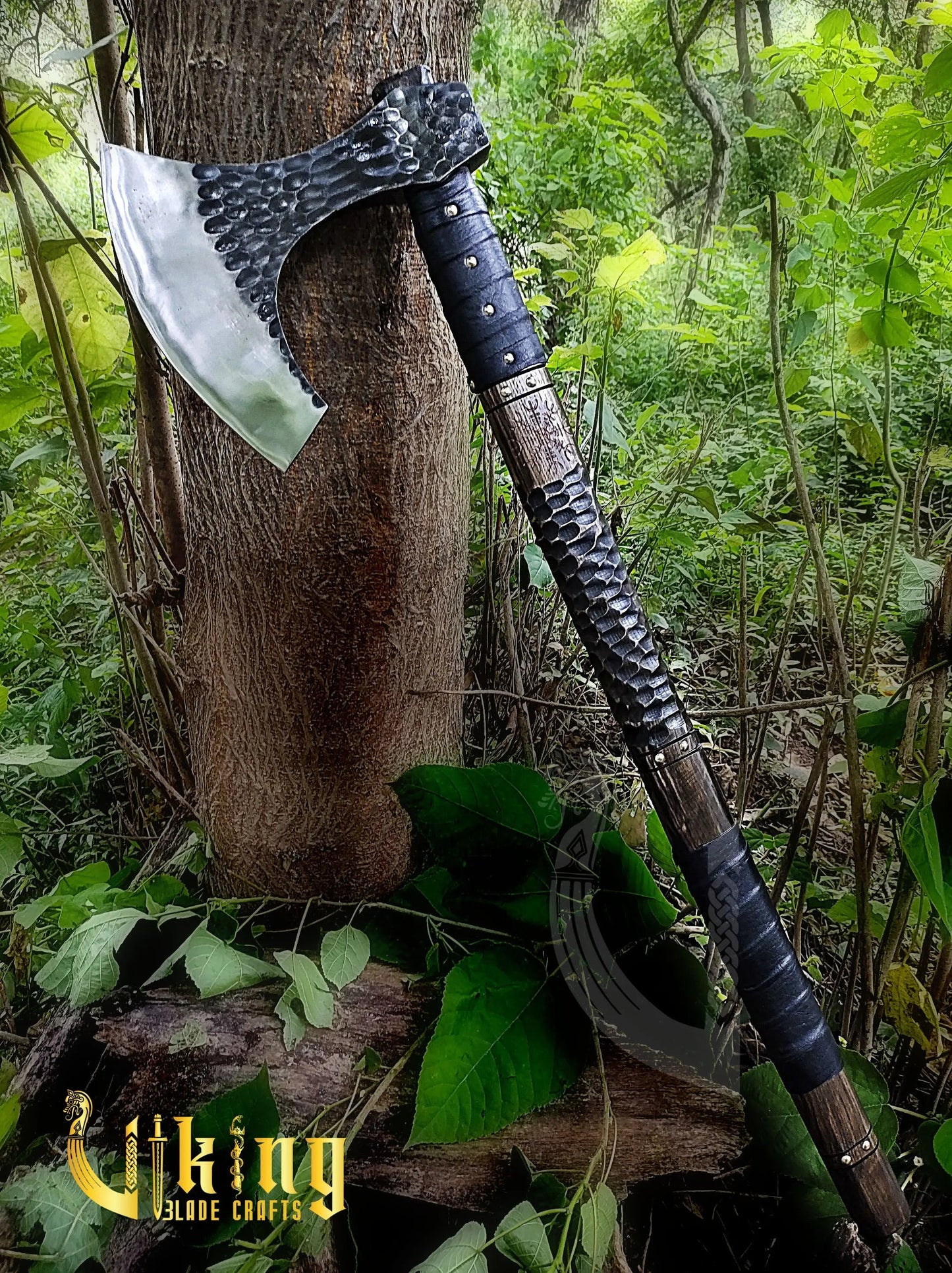 Handmade Vegvisir 36" Long Viking Axe & Rune-Engraved Valknut Shield – Norse Battle Set Viking Blade Crafts