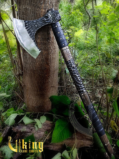 Handmade Vegvisir 36" Long Viking Axe & Rune-Engraved Valknut Shield – Norse Battle Set Viking Blade Crafts