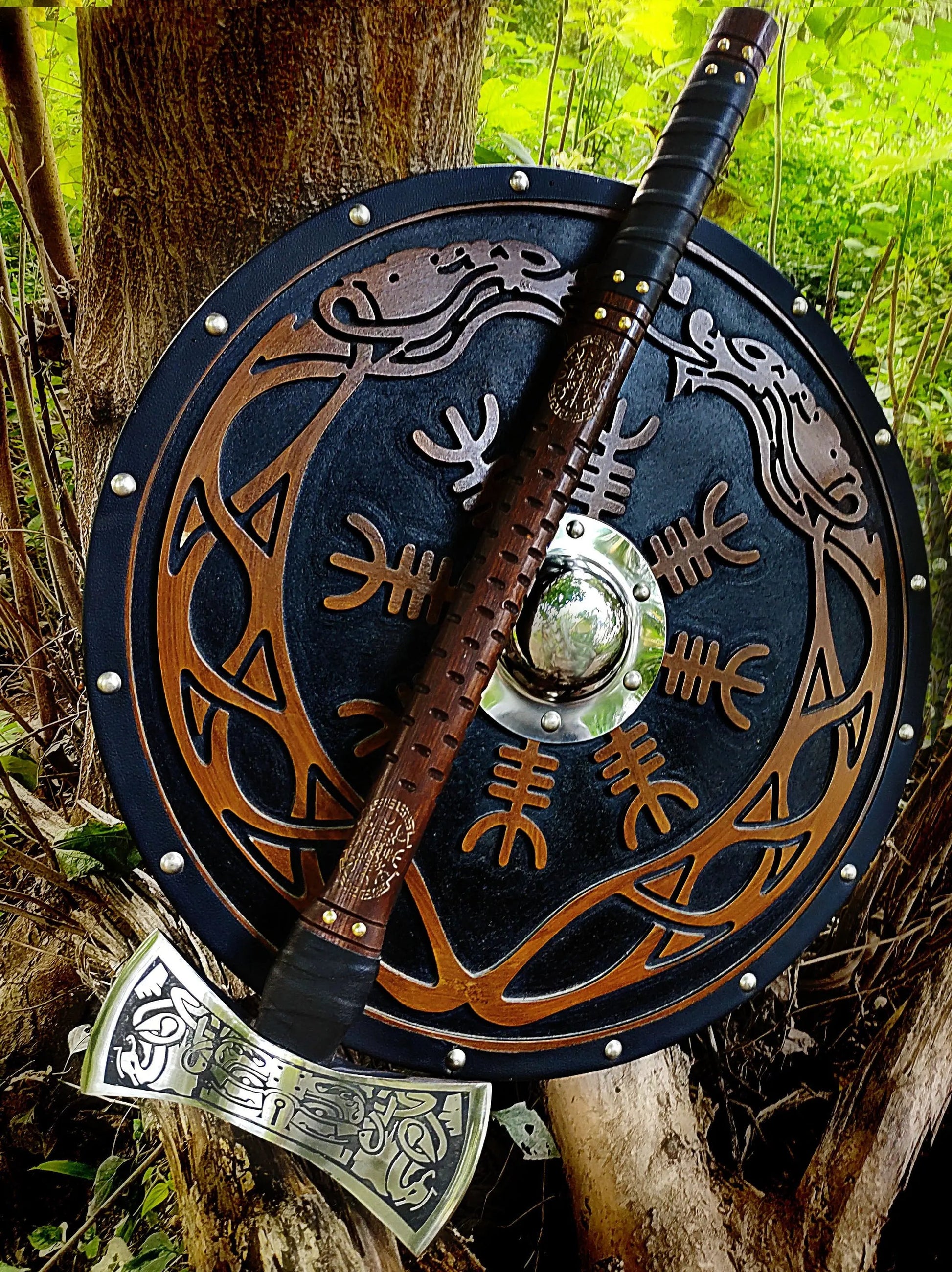 The Helm of Awe 30" Viking Axe & Carved Wooden Shield – Norse Warrior Set Viking_Blade_Crafts
