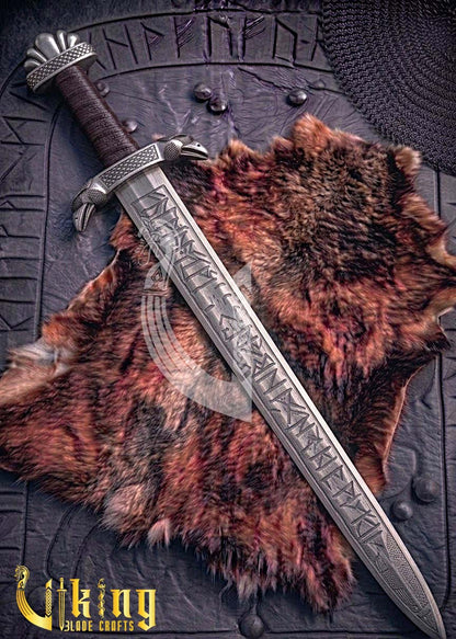 Handmade Viking Raven Hugin Munin Sword Replica Genuine Leather Cover