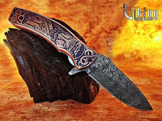 Handmade Damascus Folding Knife with Jesus Crucifixion Handle Carving