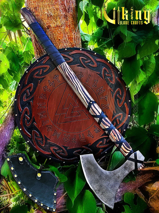 Handmade 36" Long Viking Battle Axe – High Carbon Steel Blade & Carved Raven Shield Viking_Blade_Crafts