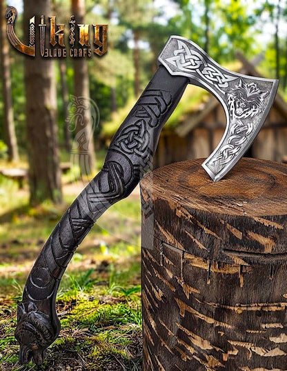 Fenrir Viking Axe | Hand Carved Wolf Handle | Forged Steel