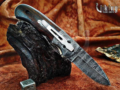 Hand-Forged Damascus Steel Folding Knife with Rosewood Handle