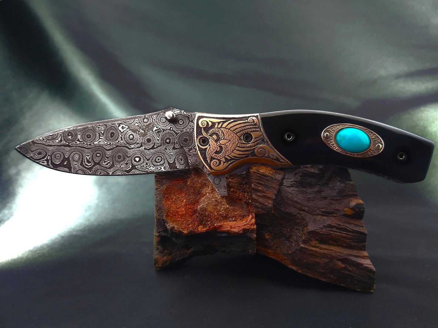 Handmade Damascus Pocket Knife – Celtic‑Norse Owl Theme Carved Handle - Viking Blade Crafts