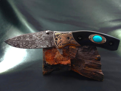 Handmade Damascus Pocket Knife – Celtic‑Norse Owl Theme Carved Handle - Viking Blade Crafts