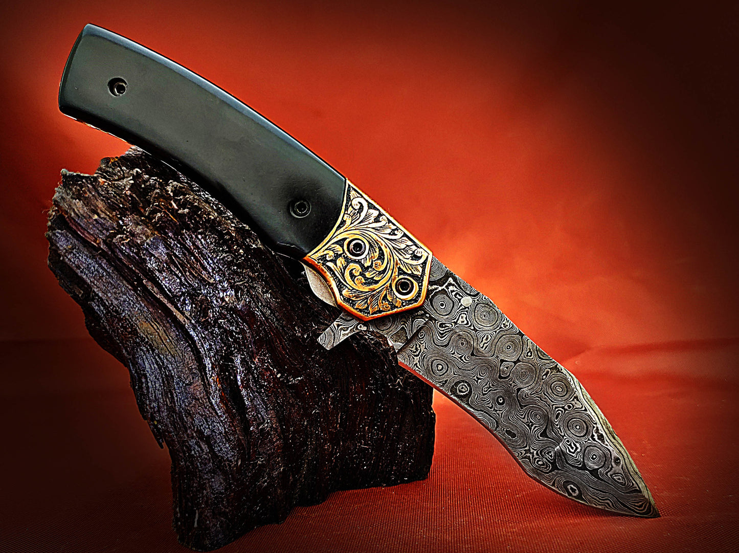 Damascus Pocket Knife with buffalo Horn Handle – Ancient Hand-Carved Theme - Viking Blade Crafts