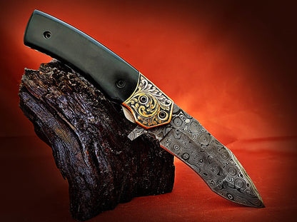 Damascus Pocket Knife with buffalo Horn Handle – Ancient Hand-Carved Theme - Viking Blade Crafts