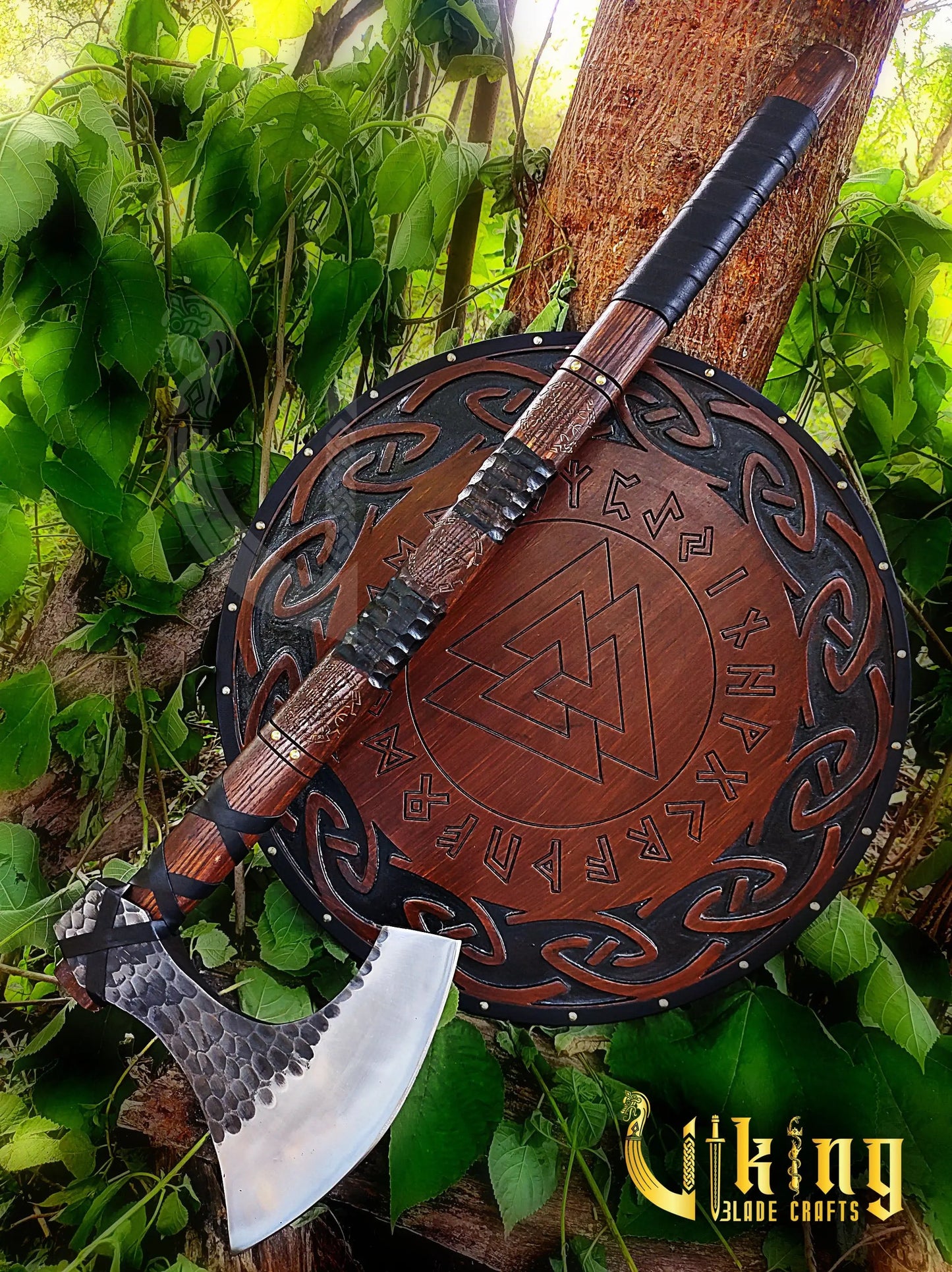 Hand-Forged 36" Long Viking Axe With Valknut & Viking Runes Shield Viking_Blade_Crafts