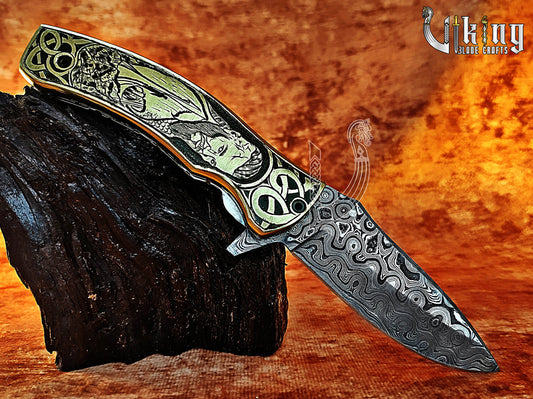 Forged Damascus Steel Blade Ragnar Lothbrok Carved Handle Folding Knife