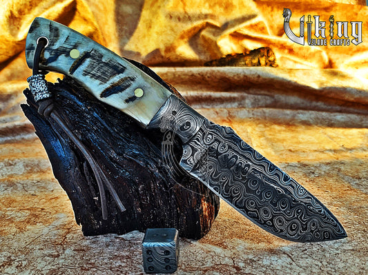 Forged Damascus Steel Hunting Knife Ram horn Handle & Damascus Bolster