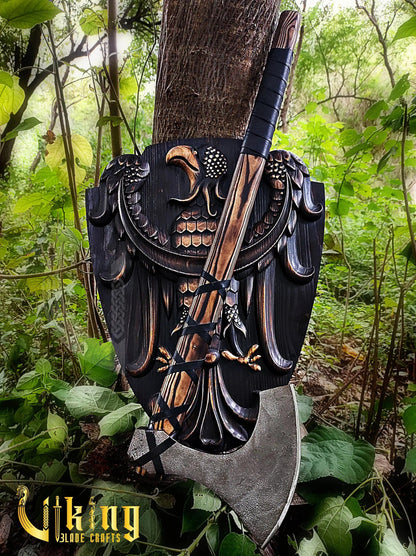 Handmade 36" Long Viking Battle Axe – High Carbon Steel Blade & Carved Raven Shield Viking_Blade_Crafts
