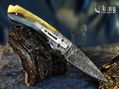 Handmade 3.5" Folding Knife with Ram Horn, Ladder Pattern & Pocket Clip