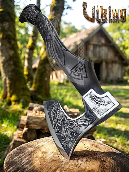 Odin Viking Axe | Raven Valknut Handle | Forged Steel