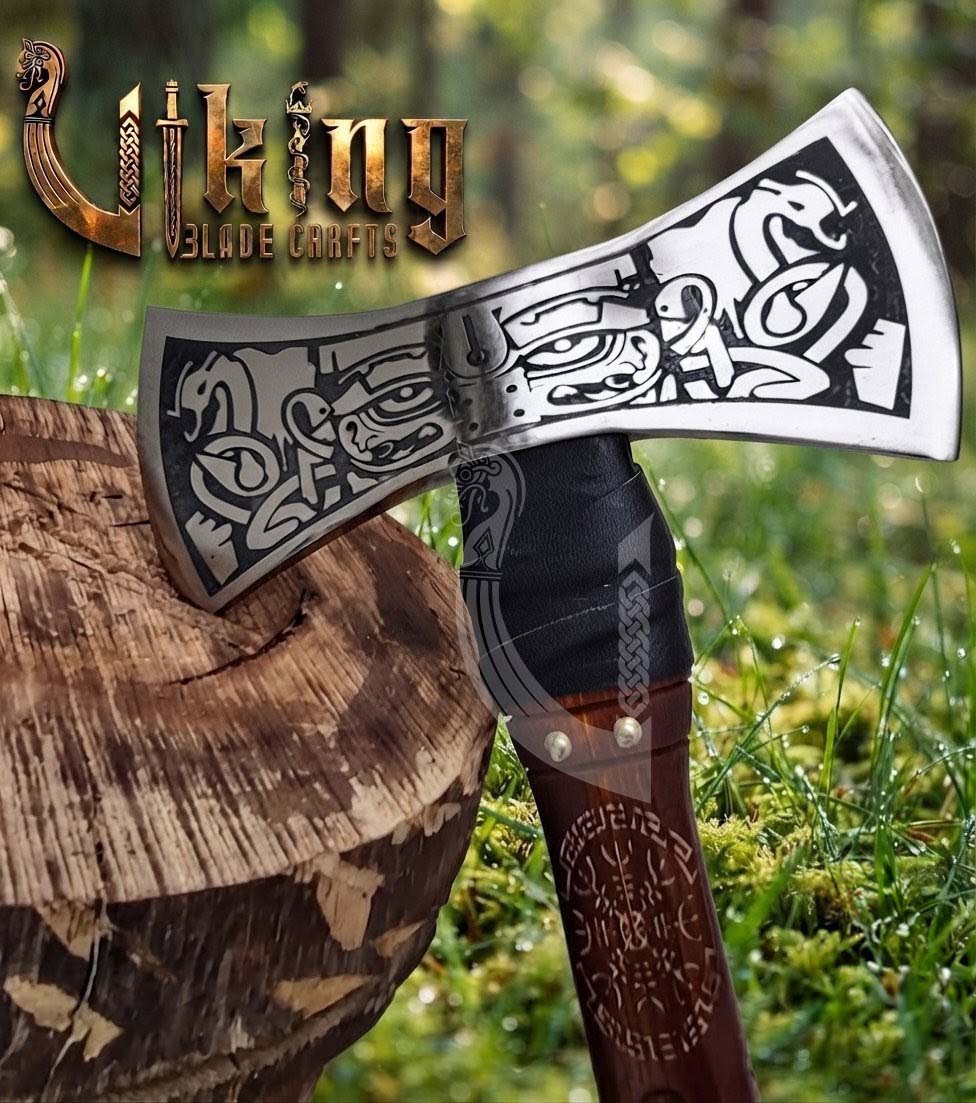 The Helm of Awe 30" Forged Viking Axe & Carved Wooden – Norse Warrior Axe