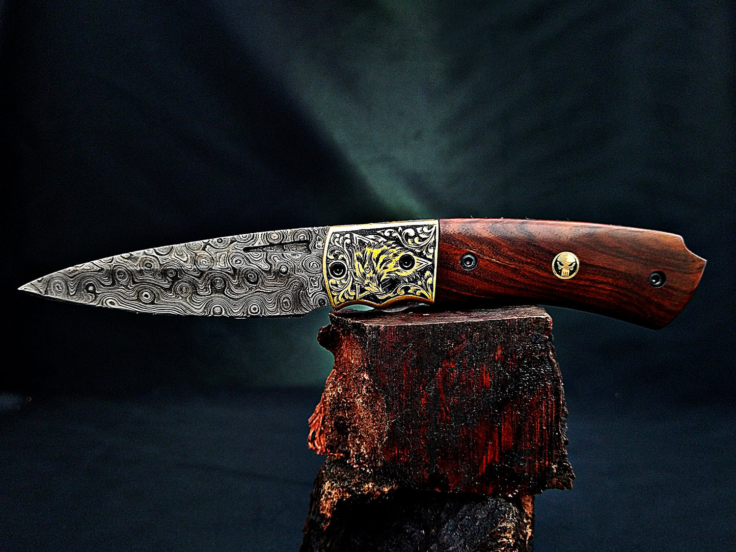 Damascus Steel Folding Pocket Knife – Viking Eagle Engraved Rosewood Handle - Viking Blade Crafts