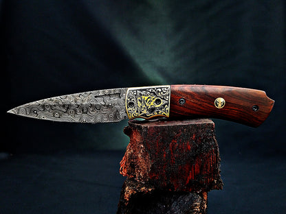 Damascus Steel Folding Pocket Knife – Viking Eagle Engraved Rosewood Handle - Viking Blade Crafts