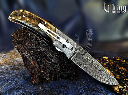Forged Damascus Steel Folding Pocket Knife with Ram Horn Handle & Clip