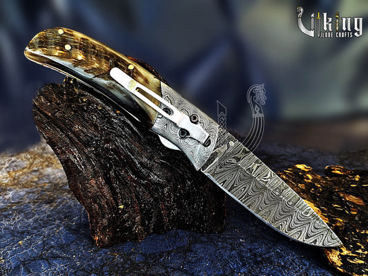 Forged Damascus Steel Folding Pocket Knife with Ram Horn Handle & Clip