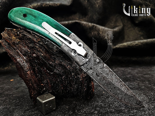 Handmade Damascus Folding Knife with Stained Bone Handle & Clip
