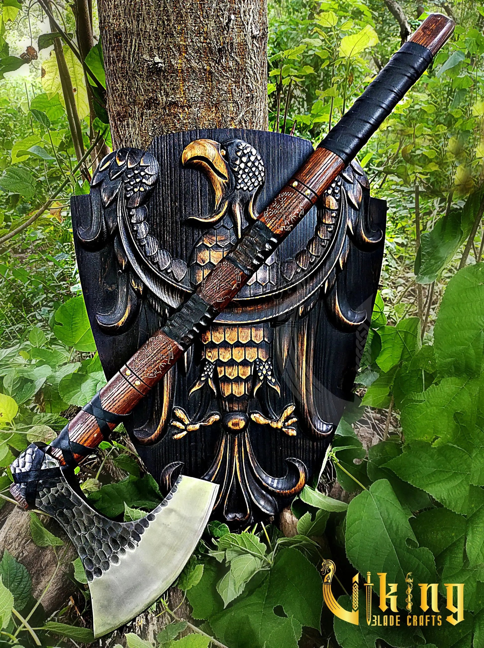 Hand-Forged 36" Viking Battle Axe & Carved Raven Shield Set Viking_Blade_Crafts