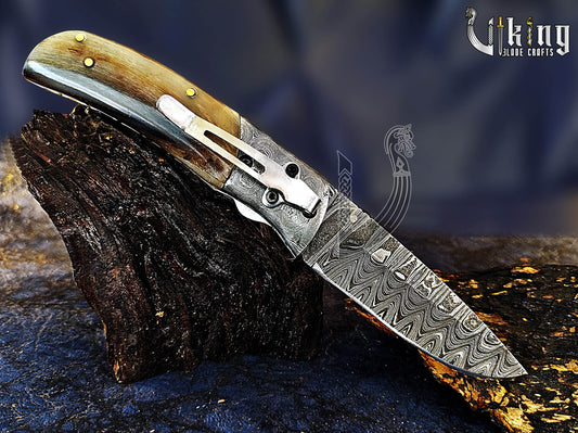 Forged Damascus Steel Folding Pocket Knife with Secure Leather Cover