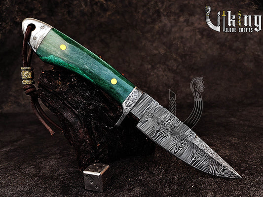 Forged Damascus Steel Hunting Knife with Stained Bone Handle
