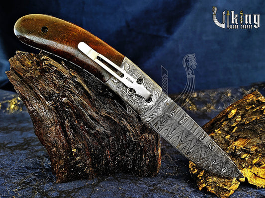 Handmade Damascus Steel EDC Folding Pocket Knife with Easy Lock