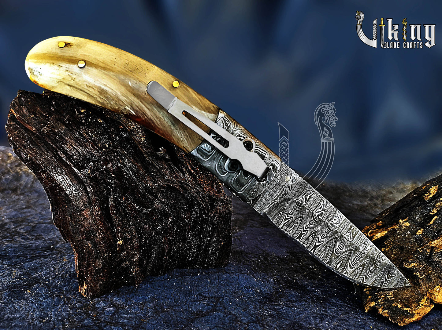 Handmade Folding Knife with Ram Horn, Ladder Pattern & Clip