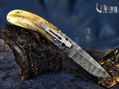Handmade Folding Knife with Ram Horn, Ladder Pattern & Clip