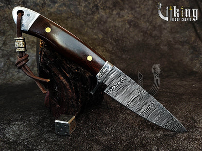 Damascus Fixed Blade Knife with Rosewood Handle & Damascus Guard & Bolster