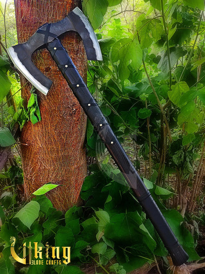 Forged Double Head 36" Viking Axe with Valknut  & Viking Runes Carved Shield Viking_Blade_Crafts