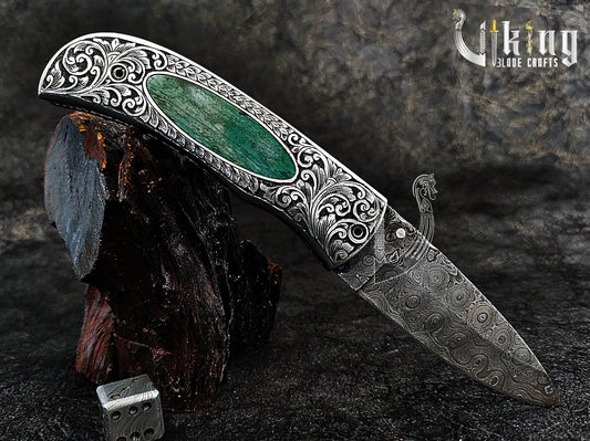 Hand-Carved Handle Damascus Folding Pocket Knife with Leather Sheath
