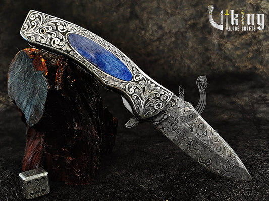 Handcrafted Damascus Steel Carved Handle Design Folding Knife